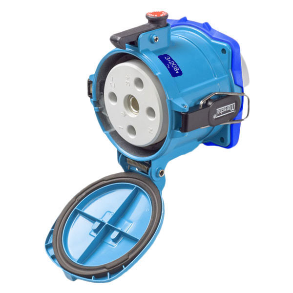37-24163-375-843-4X - DS200 RECEPTACLE METAL BLUE SIZE 6 TYPE 4X 3P+G 200A 208 VAC 60 Hz NO AUX PADLOCKABLE MUSHROOM PAWL TYPE 4X WATERTIGHTNESS